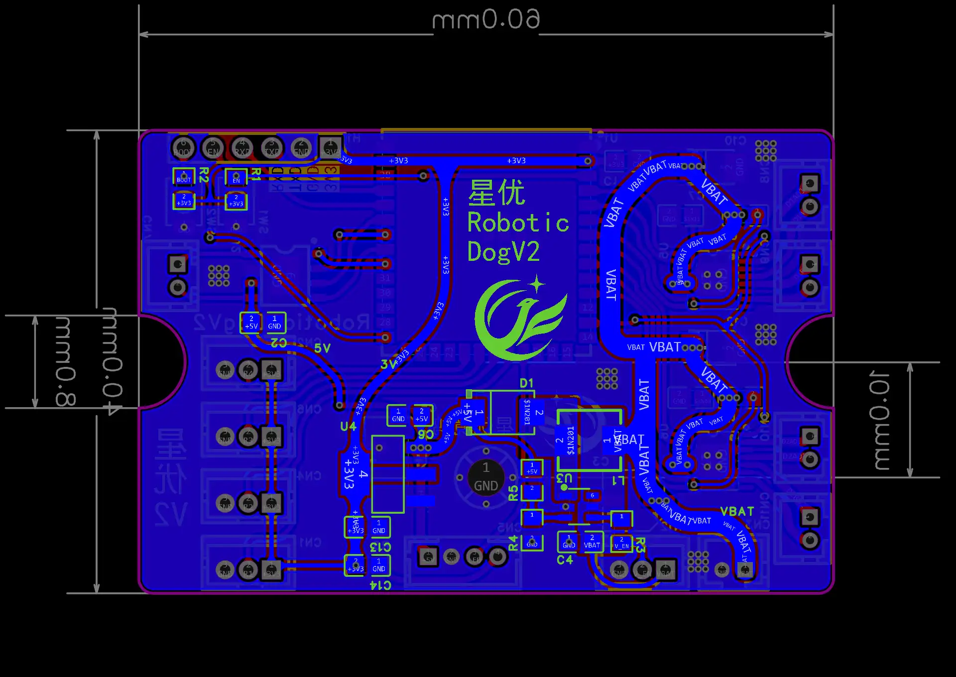 机器狗主板 PCB 预览 · 提取自原始 EDA 工程，非整机实拍